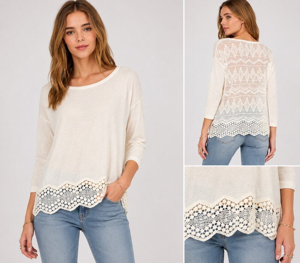 Joie Women’s XS Ivory Lace Back 3/4 Sleeve Blouse Scallop Hem Boho Romantic